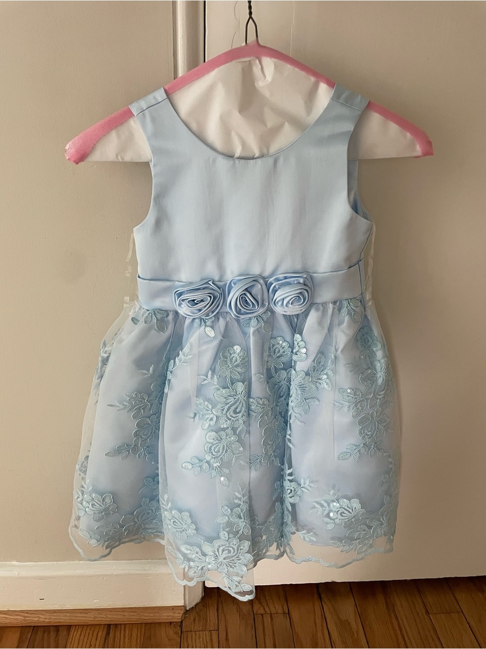 Bonnie Jean Powder Blue Floral Lace Dress with Rosette Waist